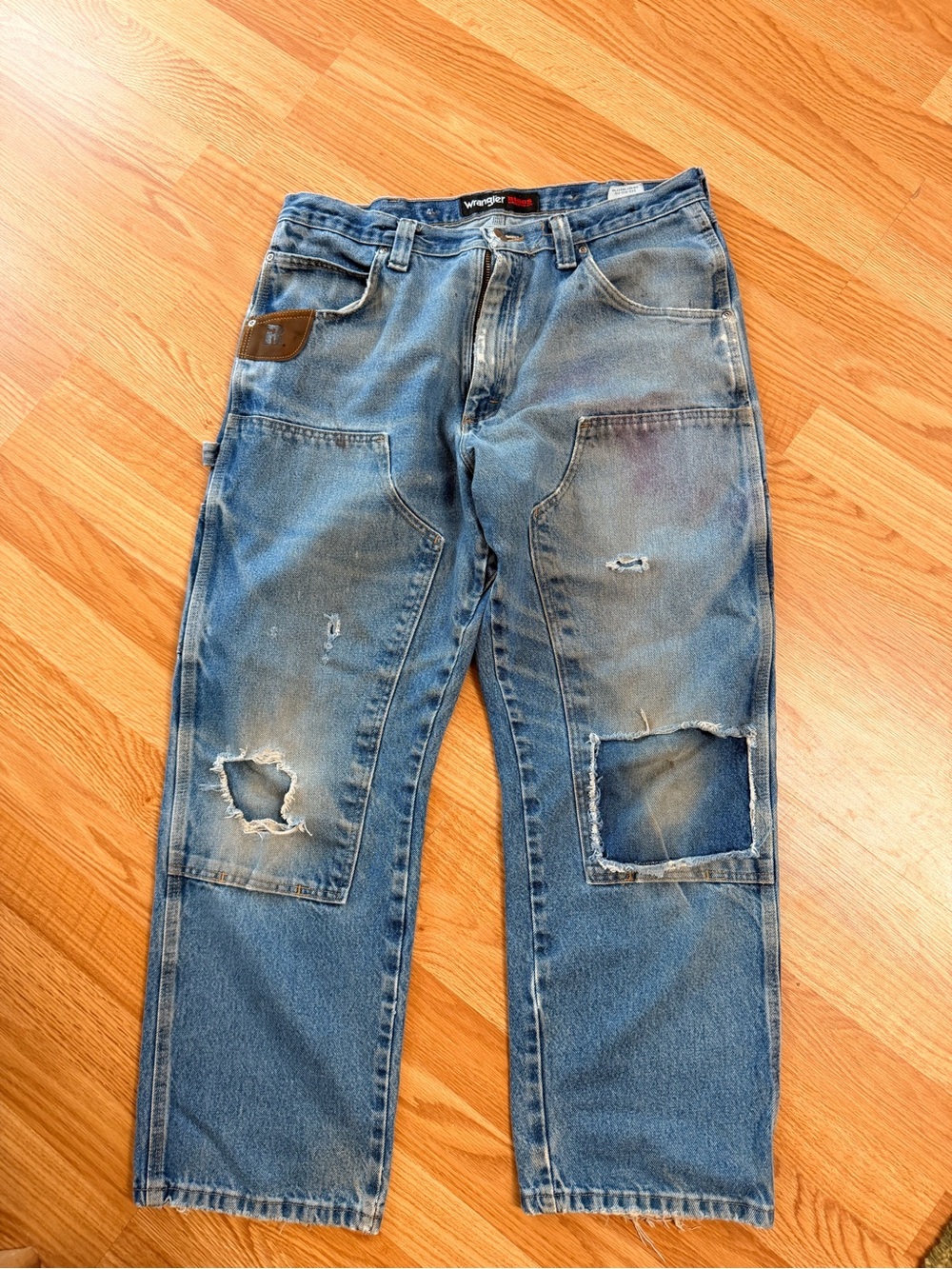 Wrangler Men's Blue Straight Carpenter Jeans with Patch Details heavy distress